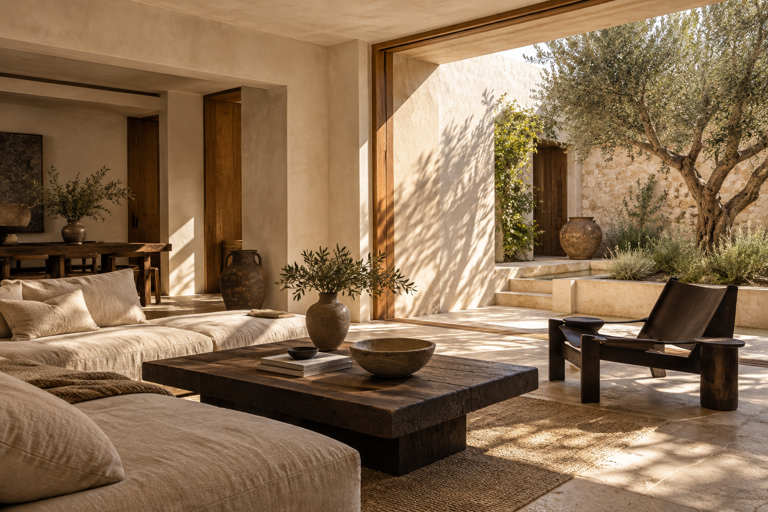 Interior conceptual cálido con materiales naturales y un patio iluminado